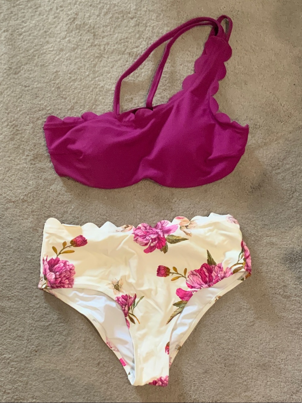 Cupshe Magenta One-Shoulder Bikini Top & White Floral High-Waist Bottoms